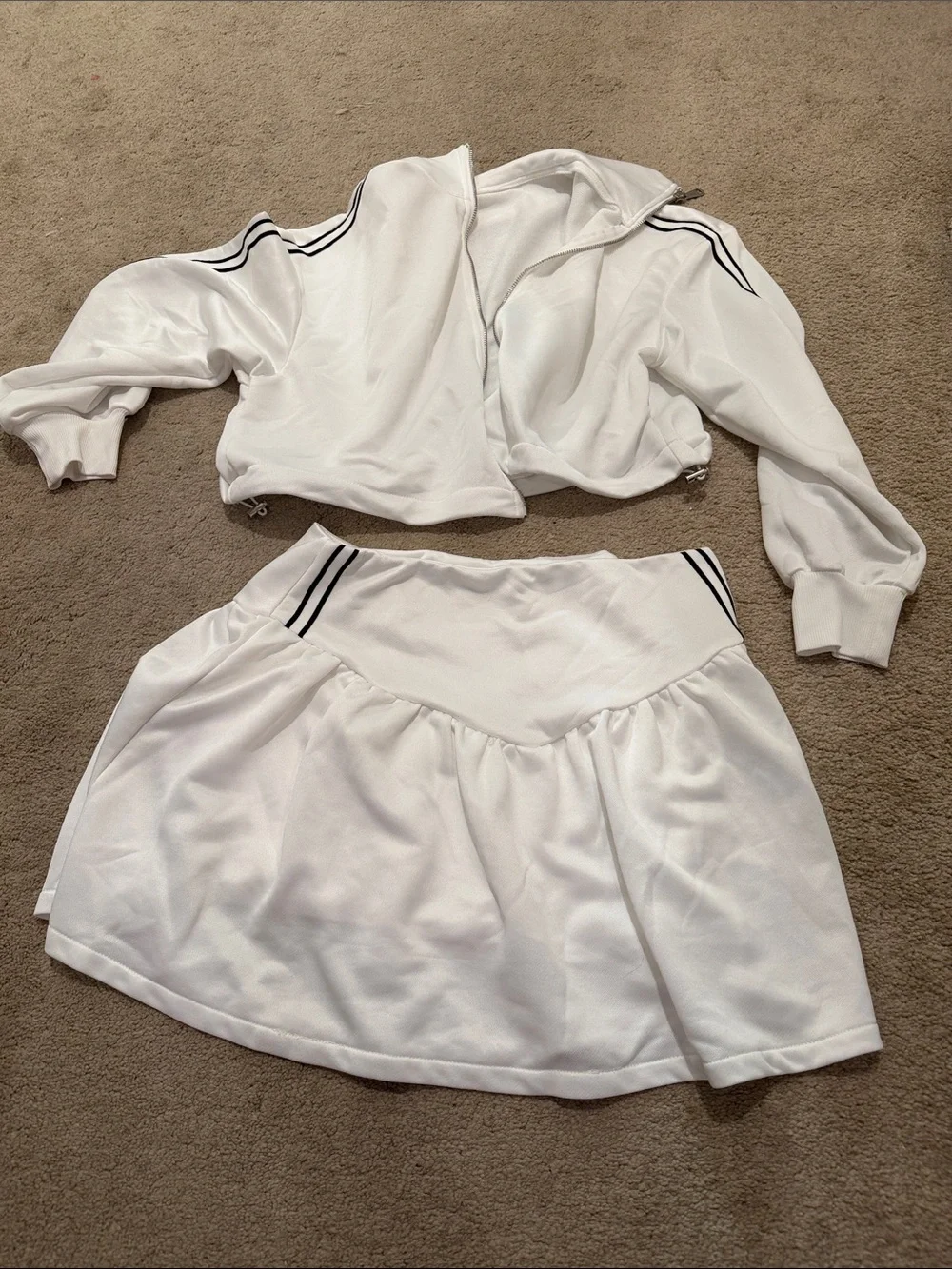 White Women's Zip Cropped Jacket and Skirt Set